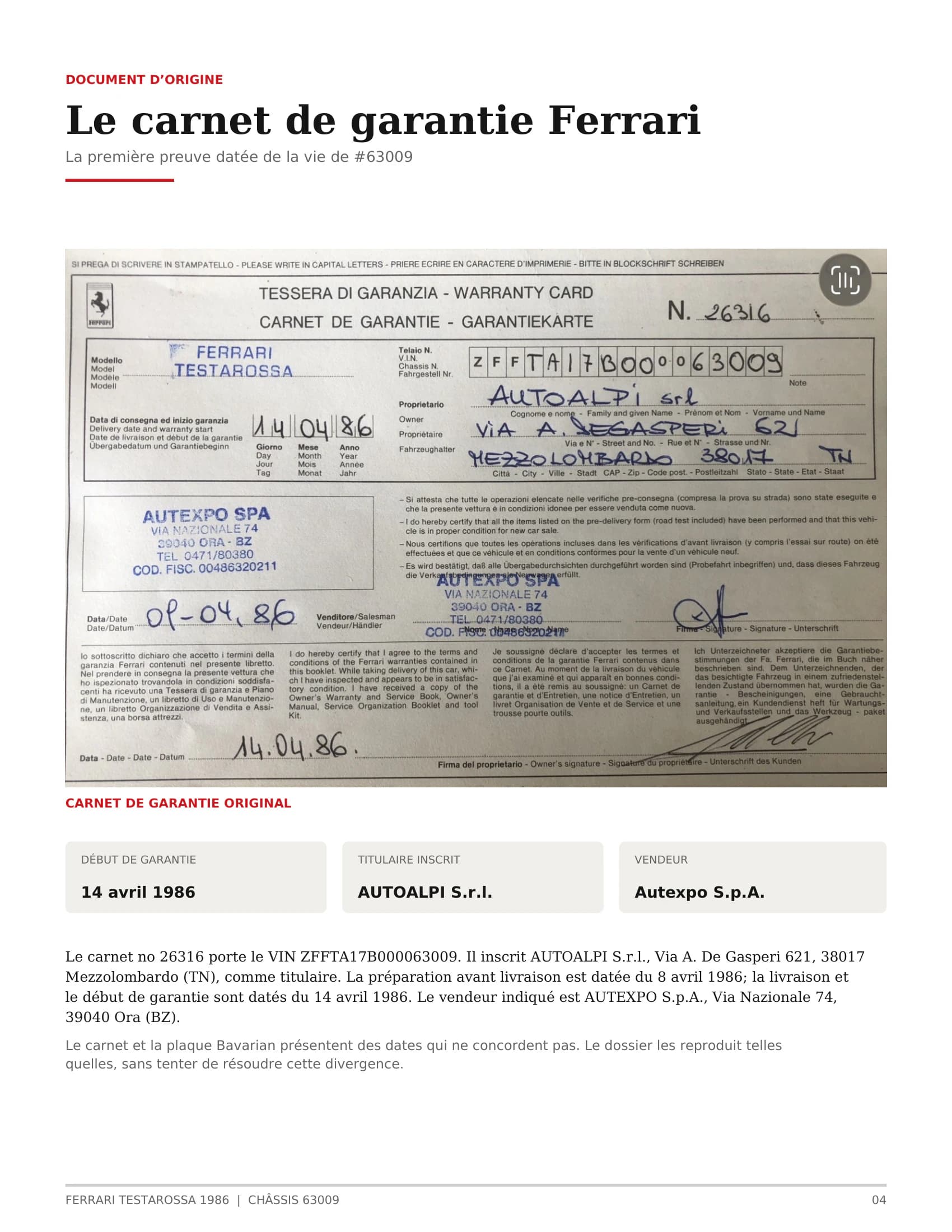1986 Ferrari Testarossa — Numbers & documentation 4